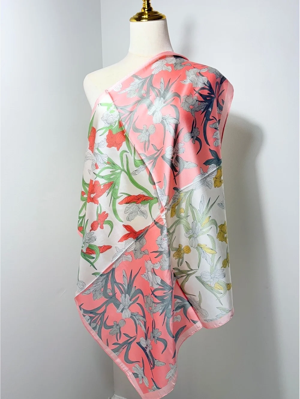Elegant Satin Polyester Floral Scarf in Coral, White, Green, and Yellow